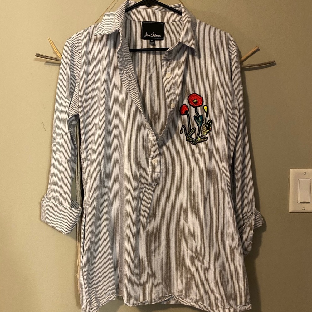 Sam Edelman Blue Pinstriped Embroidered Shirt